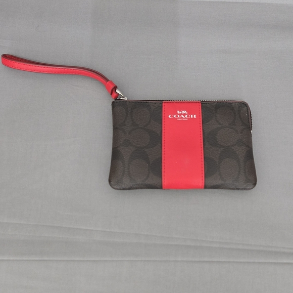 Coach Signature PVC Wristlet with Red Leather Trim & Strap – Brown/Red - Picture 1 of 5